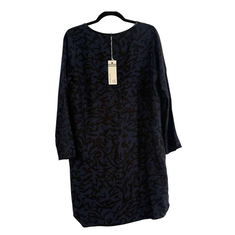 Hartford Silk Viscose Shift Dress Size 3 Large Navy Abstract Print NWT